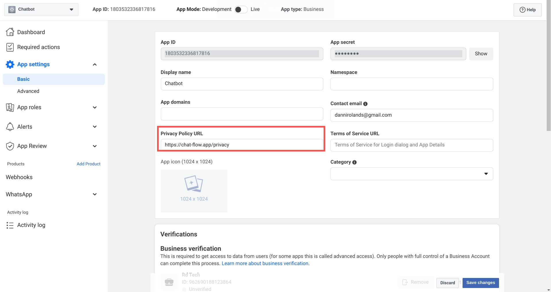 facebook dev click change privacy policy to https://chaat-flow.app/privacy