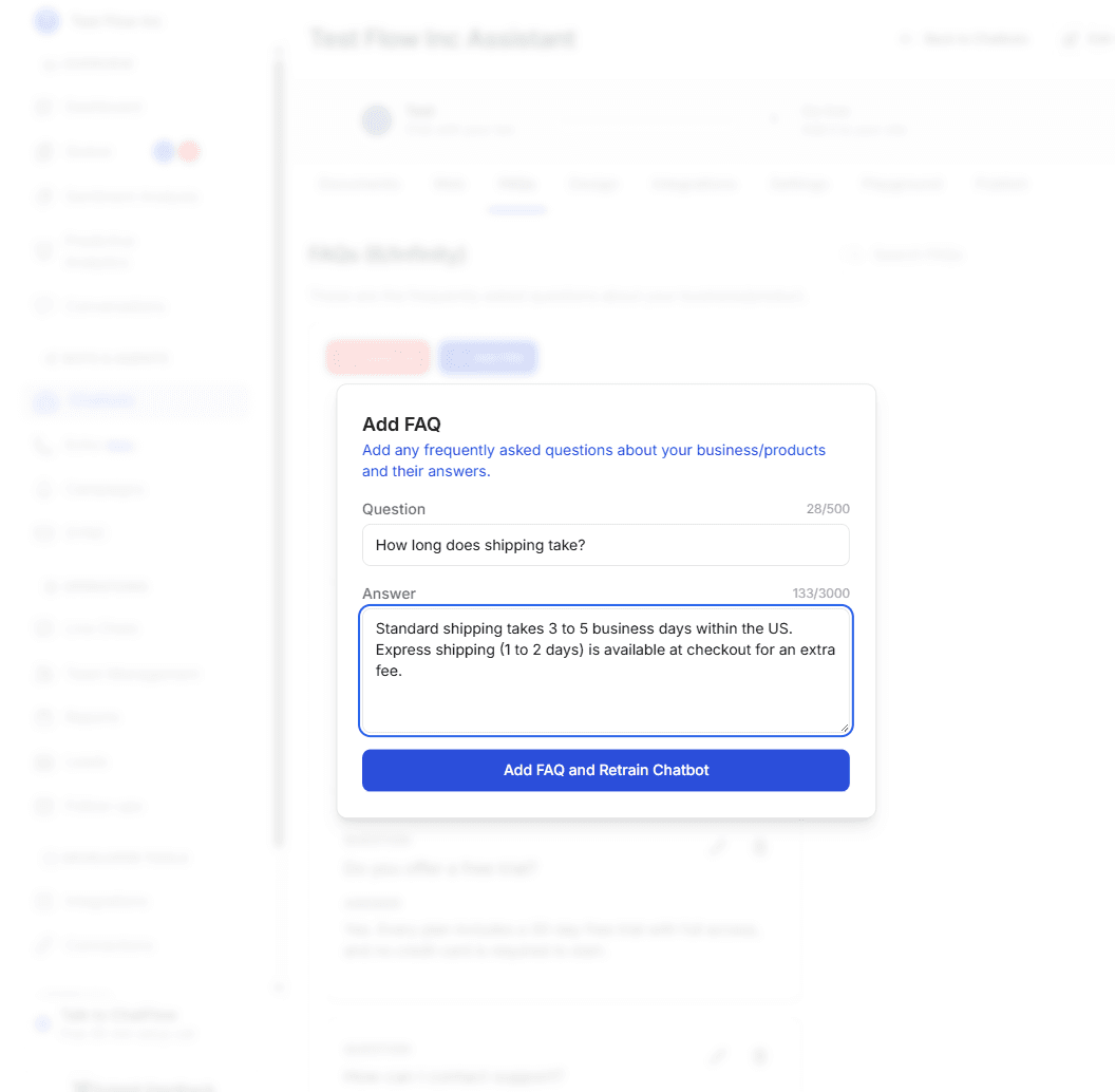 The Add FAQ dialog with a Question field and an Answer field, each showing a character counter