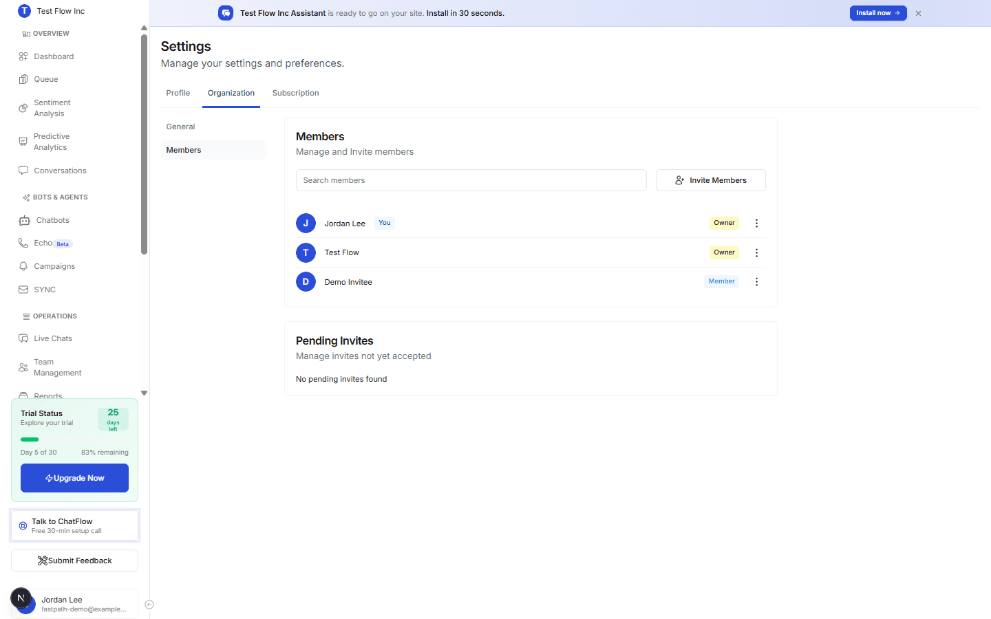 The organization Members page with the members list, each member's role, the Invite Members button, and a Pending Invites section
