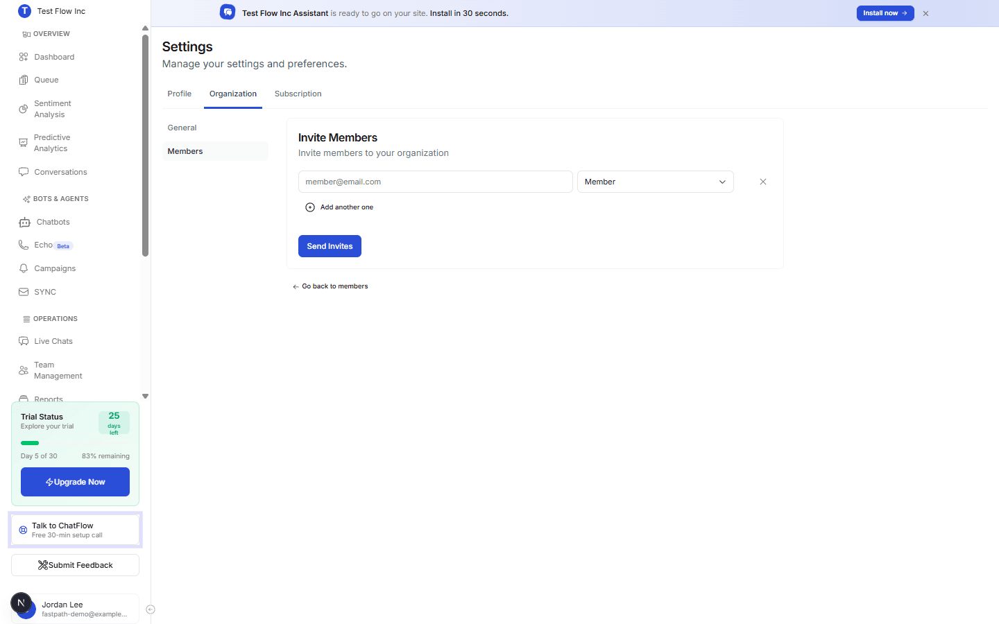 The Invite Members form with an email field, a role dropdown, an Add another one link, and a Send Invites button