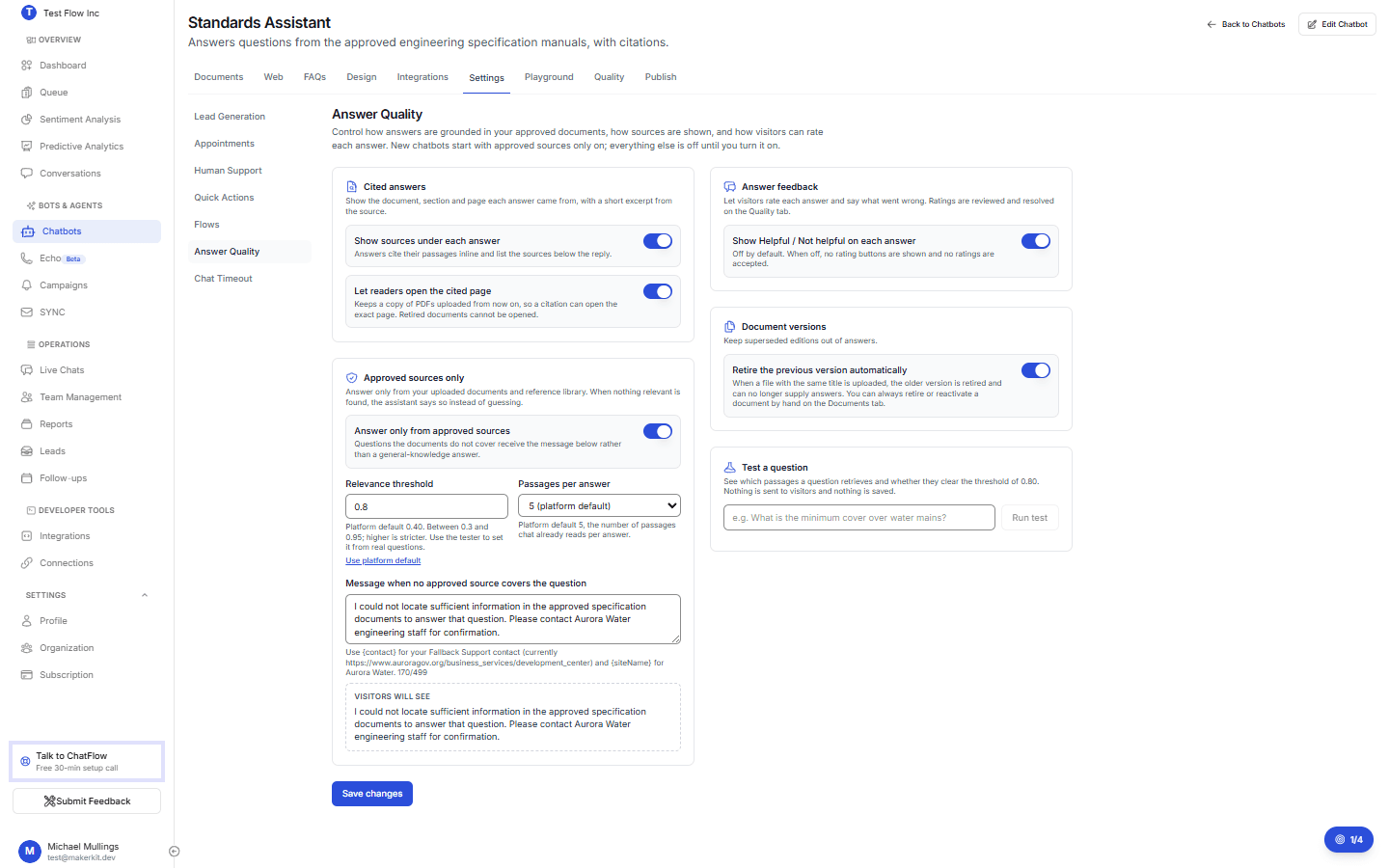 The Citations settings showing Cited answers and Approved sources only on the left, with Answer feedback, Document versions and the retrieval tester on the right