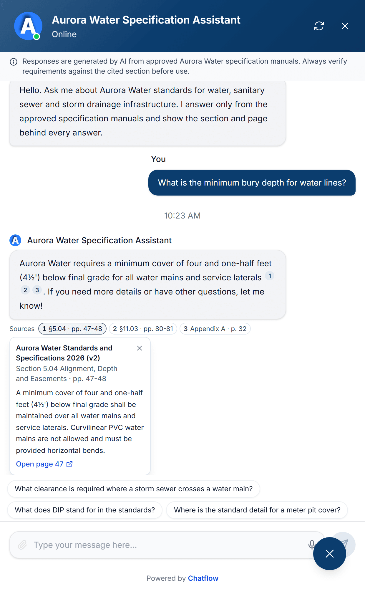 A chat answer with numbered citations, a row of source tags below it, and one source opened to show the manual, section, page, the exact sentence and a link to open that page