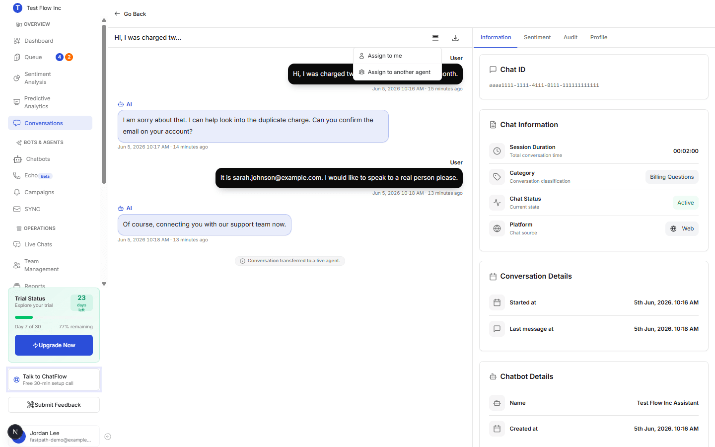 A conversation with the assign menu open in the header, showing Assign to me and Assign to another agent