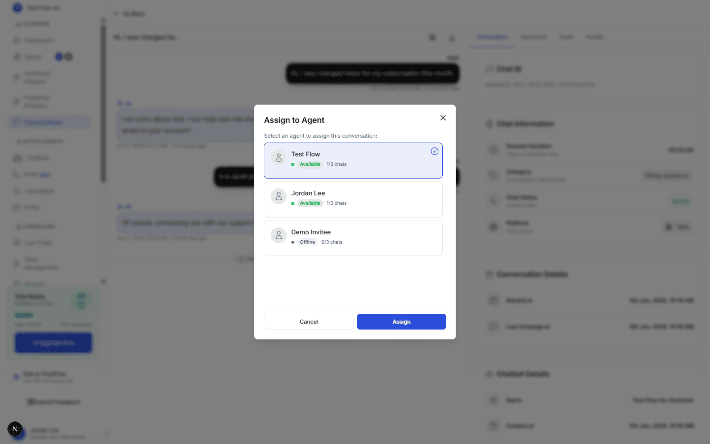 The Assign to Agent window listing teammates with status, workload, and a Current badge