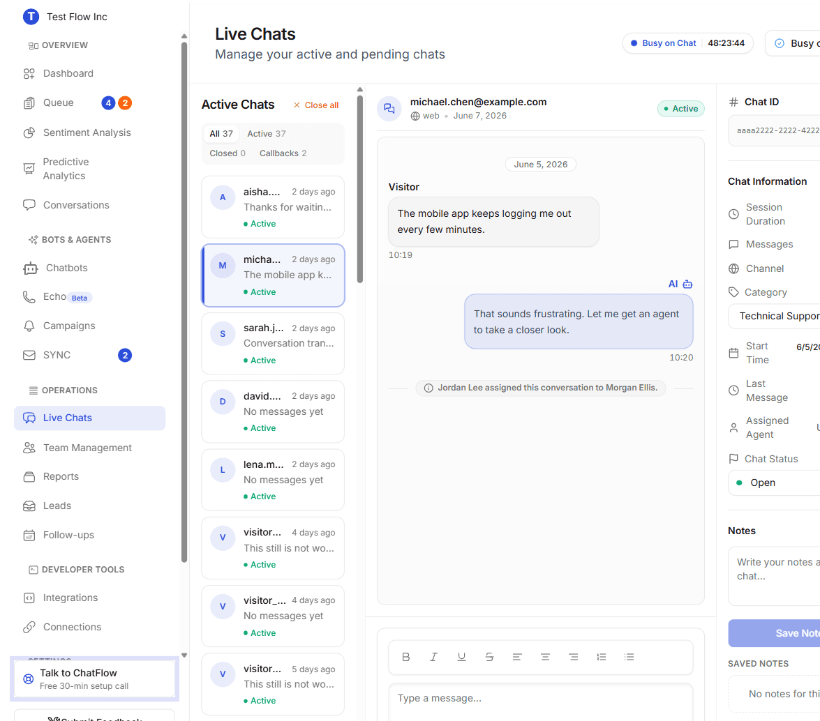 A Live Chats conversation showing the system note 'Jordan Lee assigned this conversation to Morgan Ellis' after the customer and AI messages
