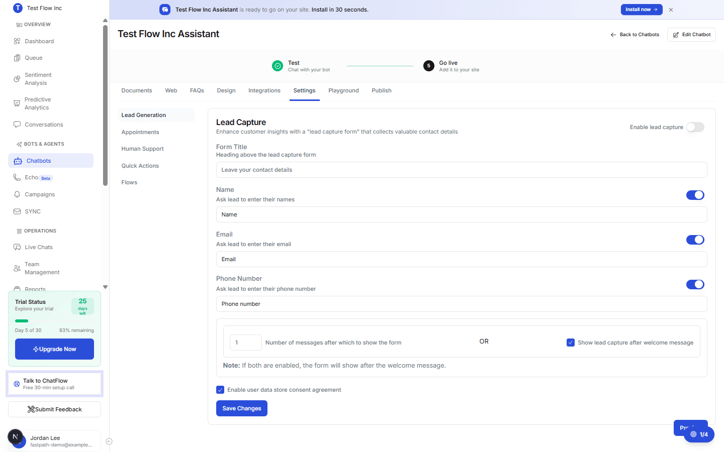 The Lead Generation settings showing the Enable lead capture toggle, form title, name/email/phone field toggles, and timing options