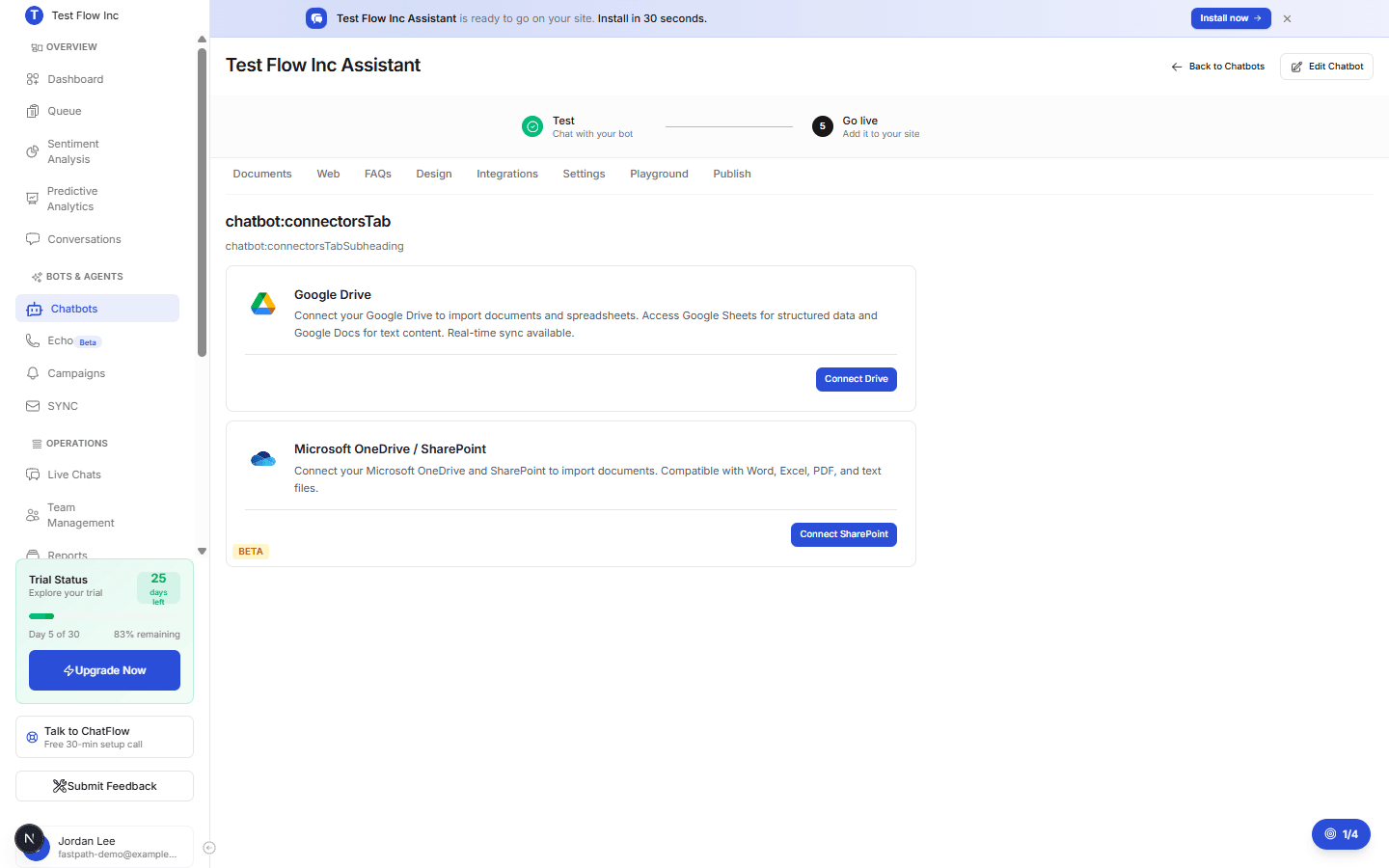 The Connectors page with Google Drive and Microsoft OneDrive / SharePoint cards, each with a connect button