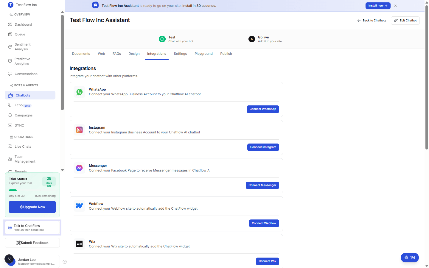 The chatbot Integrations tab with channel cards including Messenger and a Connect button