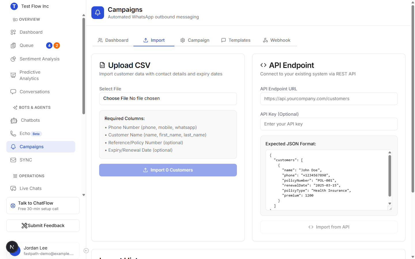The Import tab showing CSV upload with the recognised columns on the left, and the REST API import option with its expected JSON format on the right