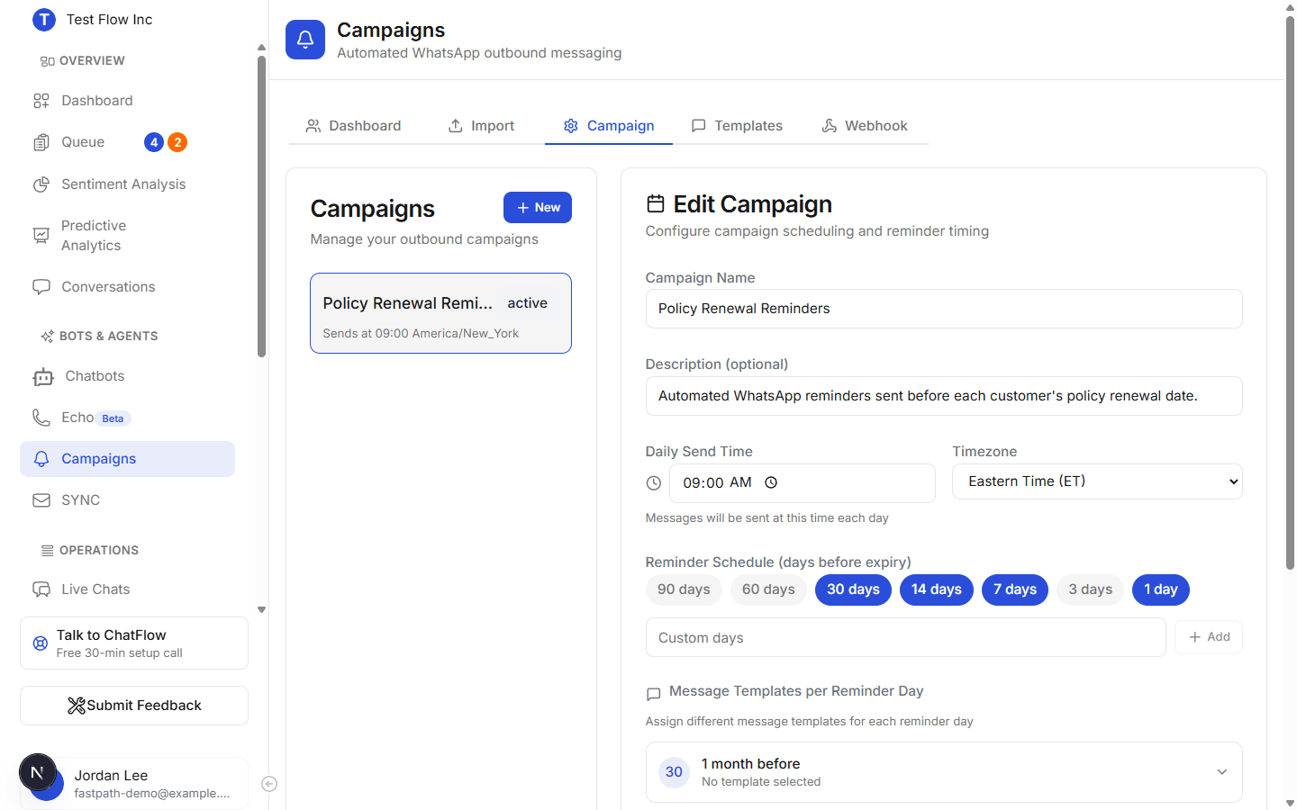The Campaign tab showing the campaign list and the editor, with a daily send time, timezone, the reminder schedule chips (30, 14, 7, 1 days selected), and a template assigned per reminder day