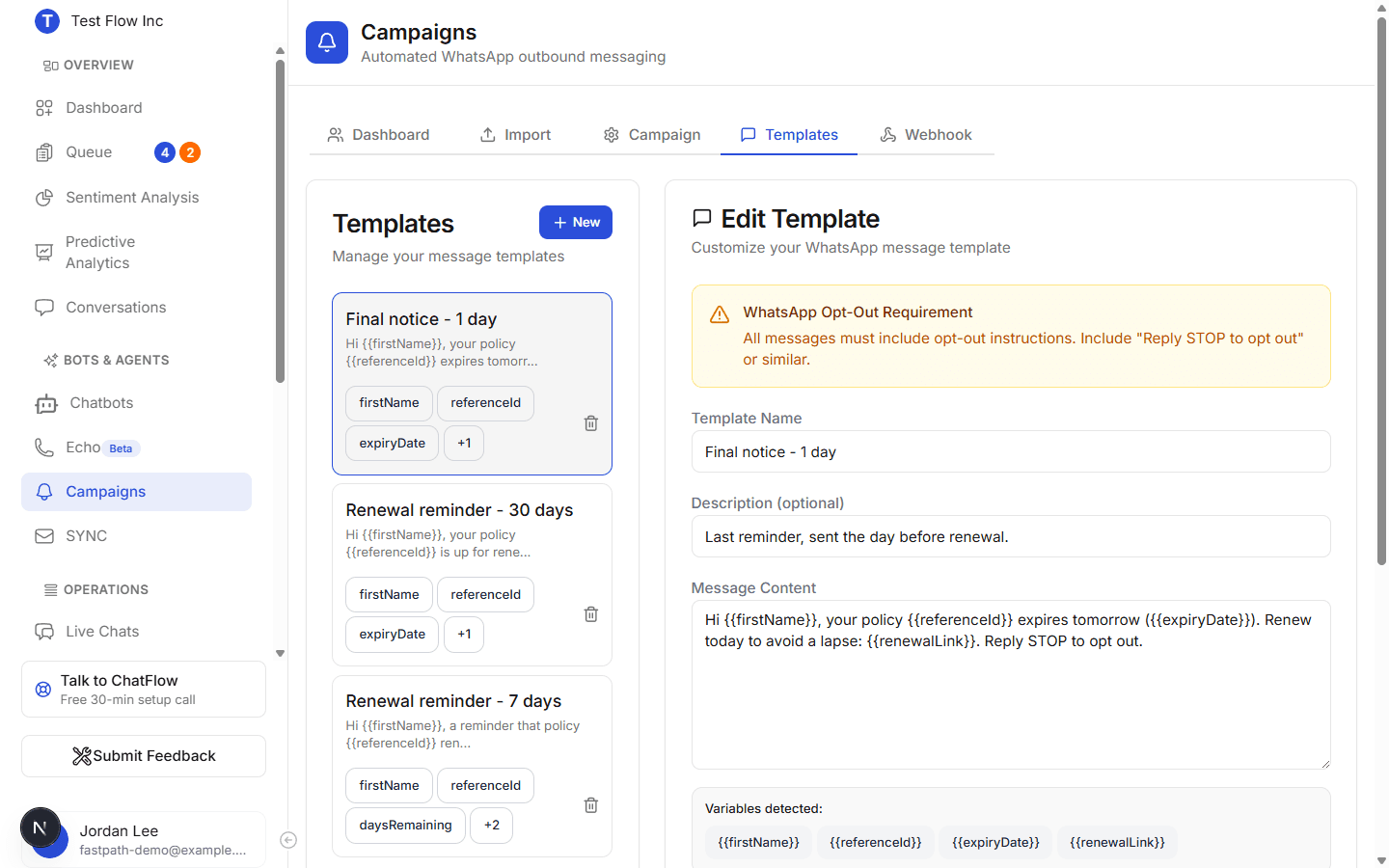 The Templates tab with several saved reminder templates on the left and the template editor on the right, showing the opt-out requirement and detected variables