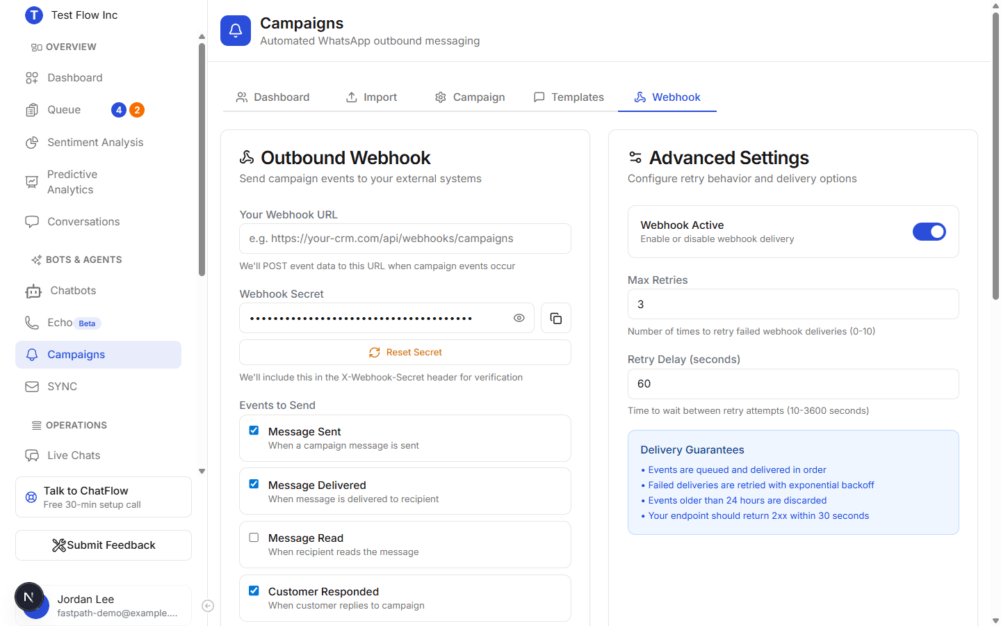 The Webhook tab showing the outbound webhook URL, secret, event checkboxes, and the advanced retry settings