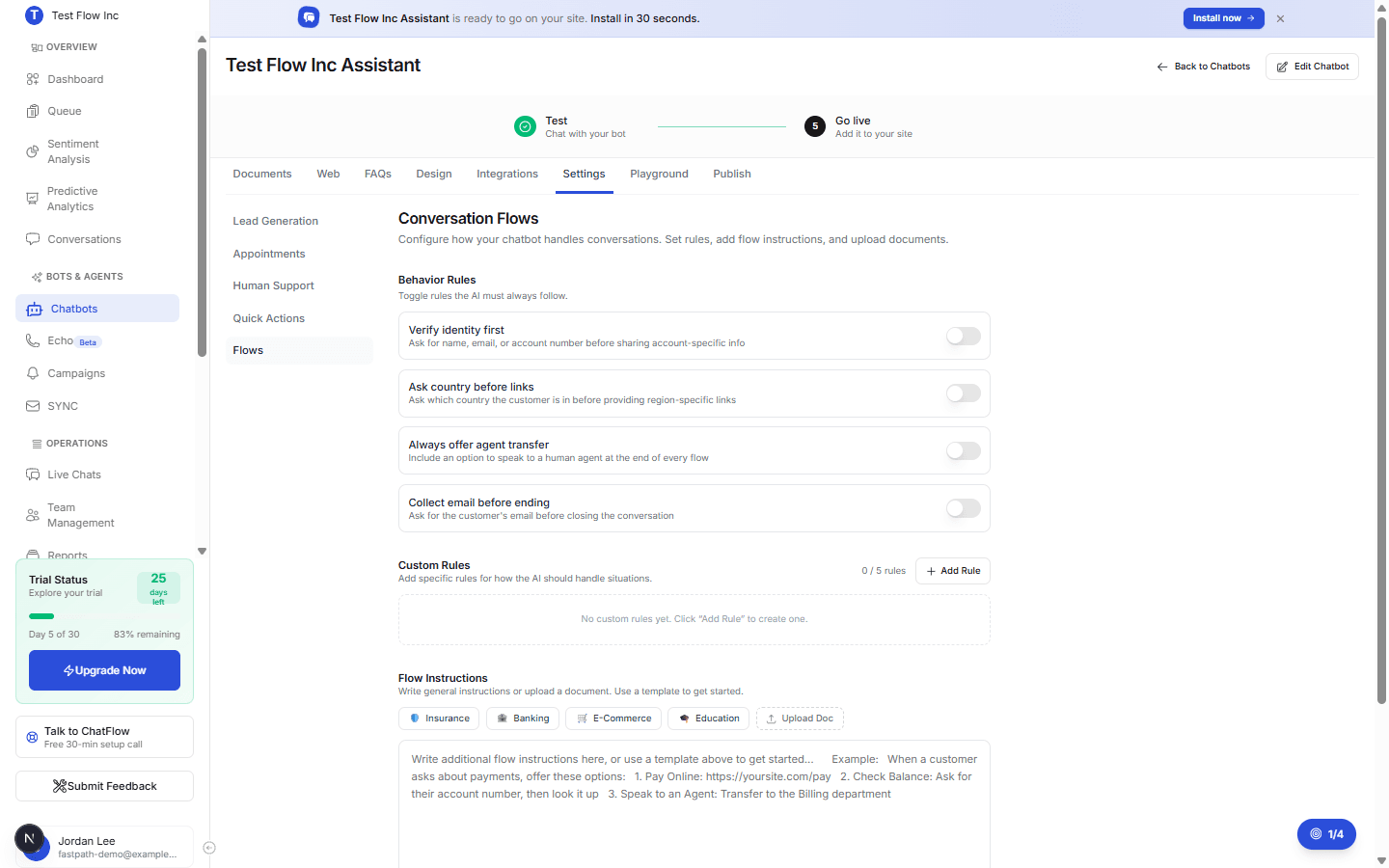 The Conversation Flows settings showing Behavior Rules toggles, Custom Rules, and Flow Instructions with industry templates
