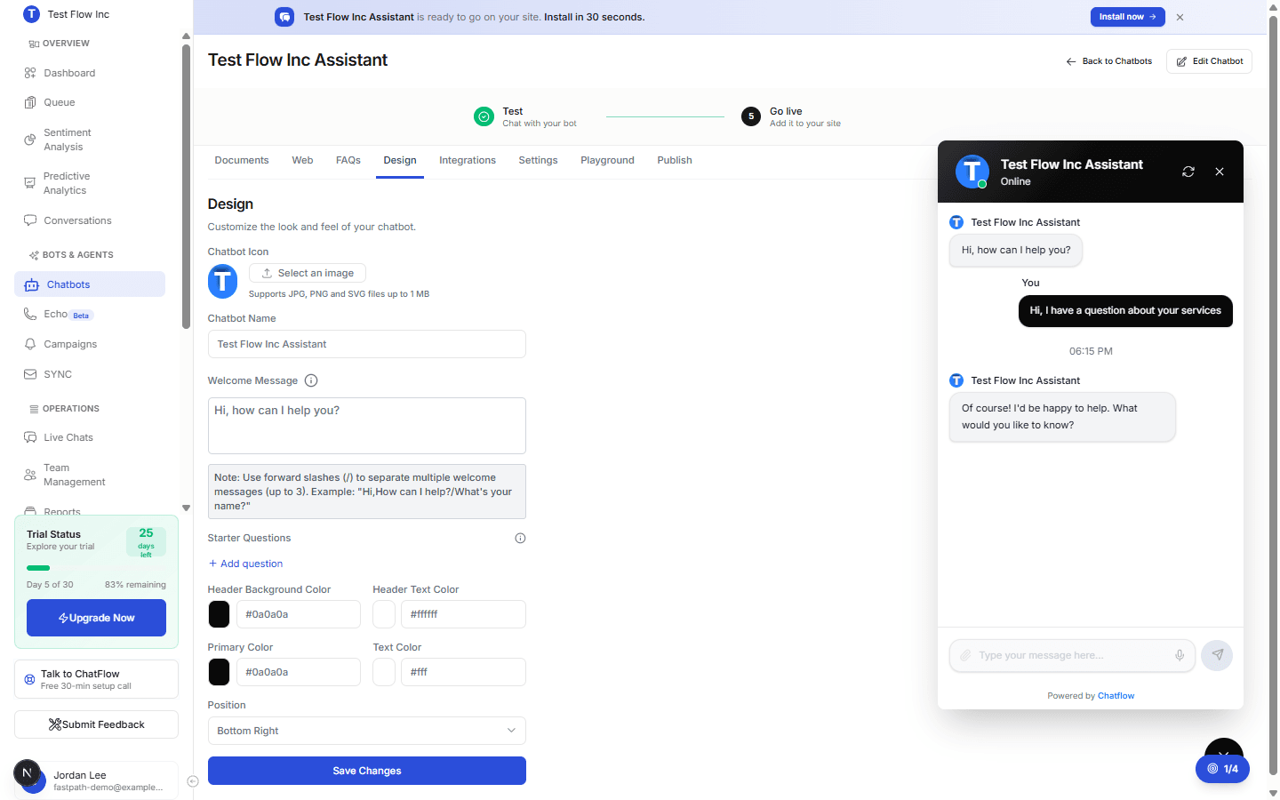 The chatbot Design tab showing the icon, name, welcome message, starter questions, color fields, and position control on the left, with a live chat preview on the right