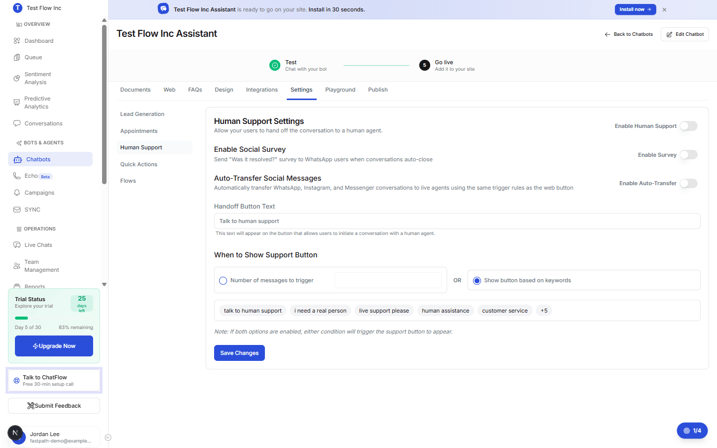 The Human Support settings showing the Enable toggle, social survey and auto-transfer options, handoff button text, and trigger options