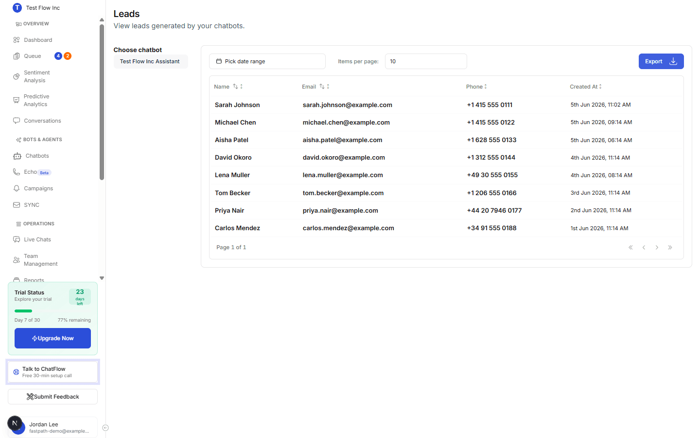 The Leads page showing a chatbot selector, date range and Export controls, and a table of captured leads