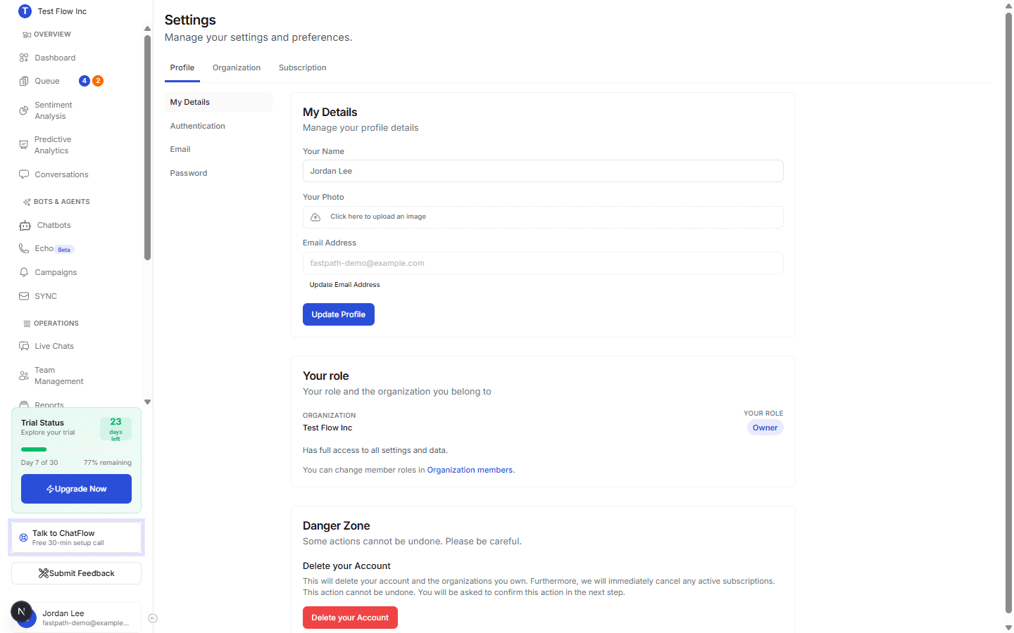 Profile settings showing My Details, the Your role panel, and the Danger Zone
