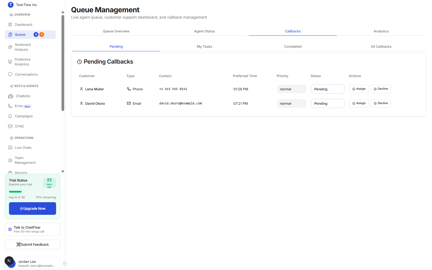 The Callbacks tab on the Pending sub-tab listing pending callback requests with Assign and Decline actions