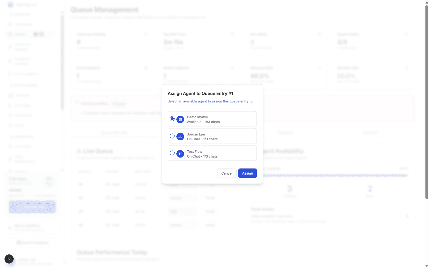 The Assign Agent window listing available agents for a waiting queue entry