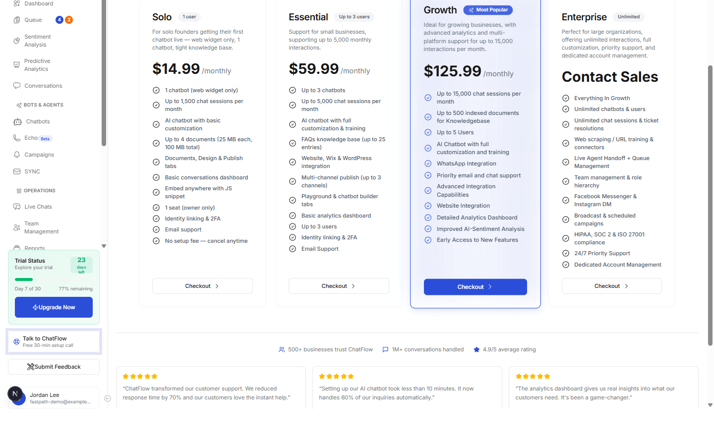 Subscription settings showing the Monthly/Yearly toggle and the Solo, Essential, Growth, and Enterprise plans