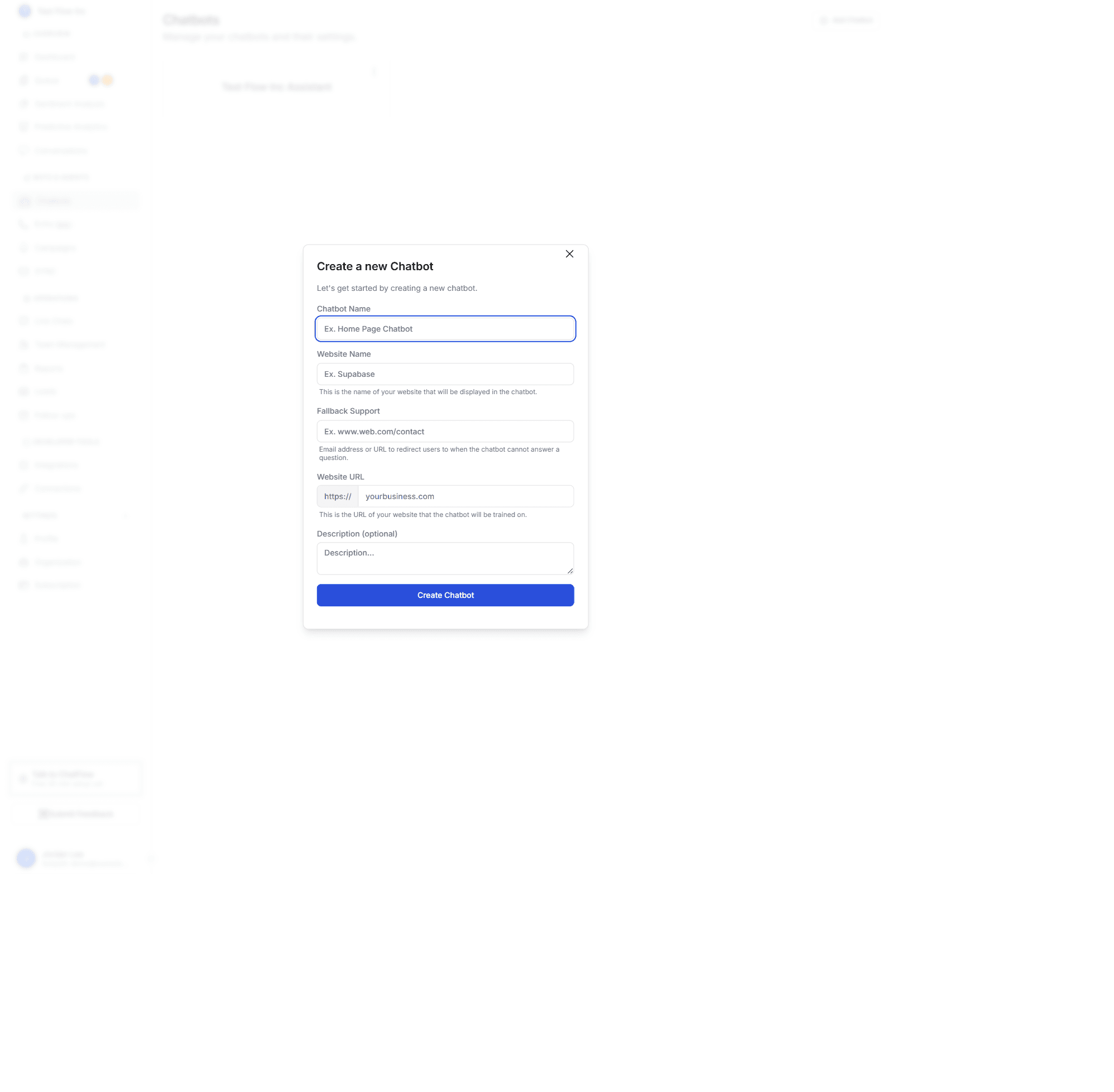 The Create a new Chatbot dialog with Chatbot Name, Website Name, Fallback Support, Website URL, and Description fields