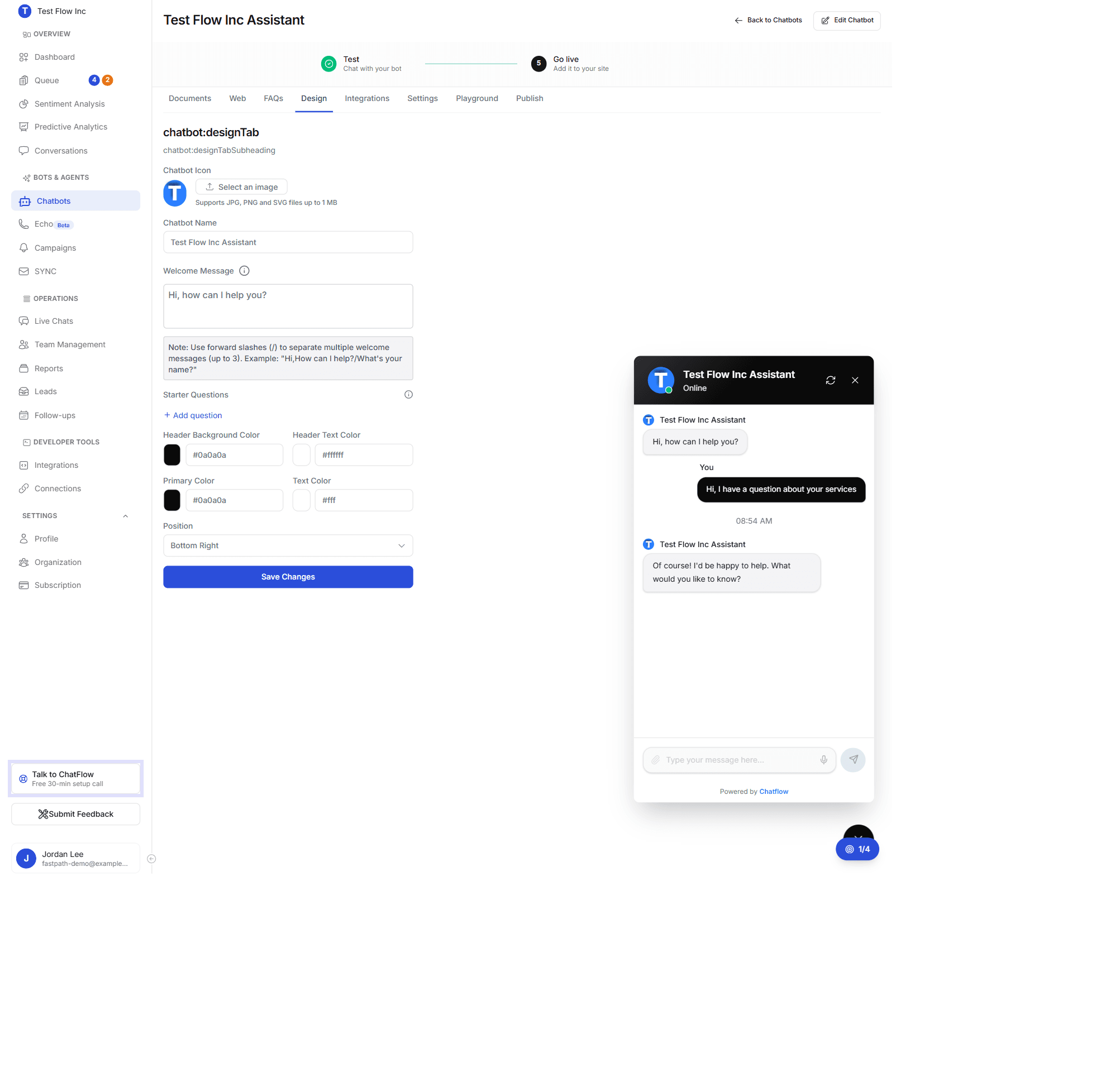 The chatbot workspace showing the Documents, Web, FAQs, Design, Integrations, Settings, Playground, and Publish tabs, with the Design tab open