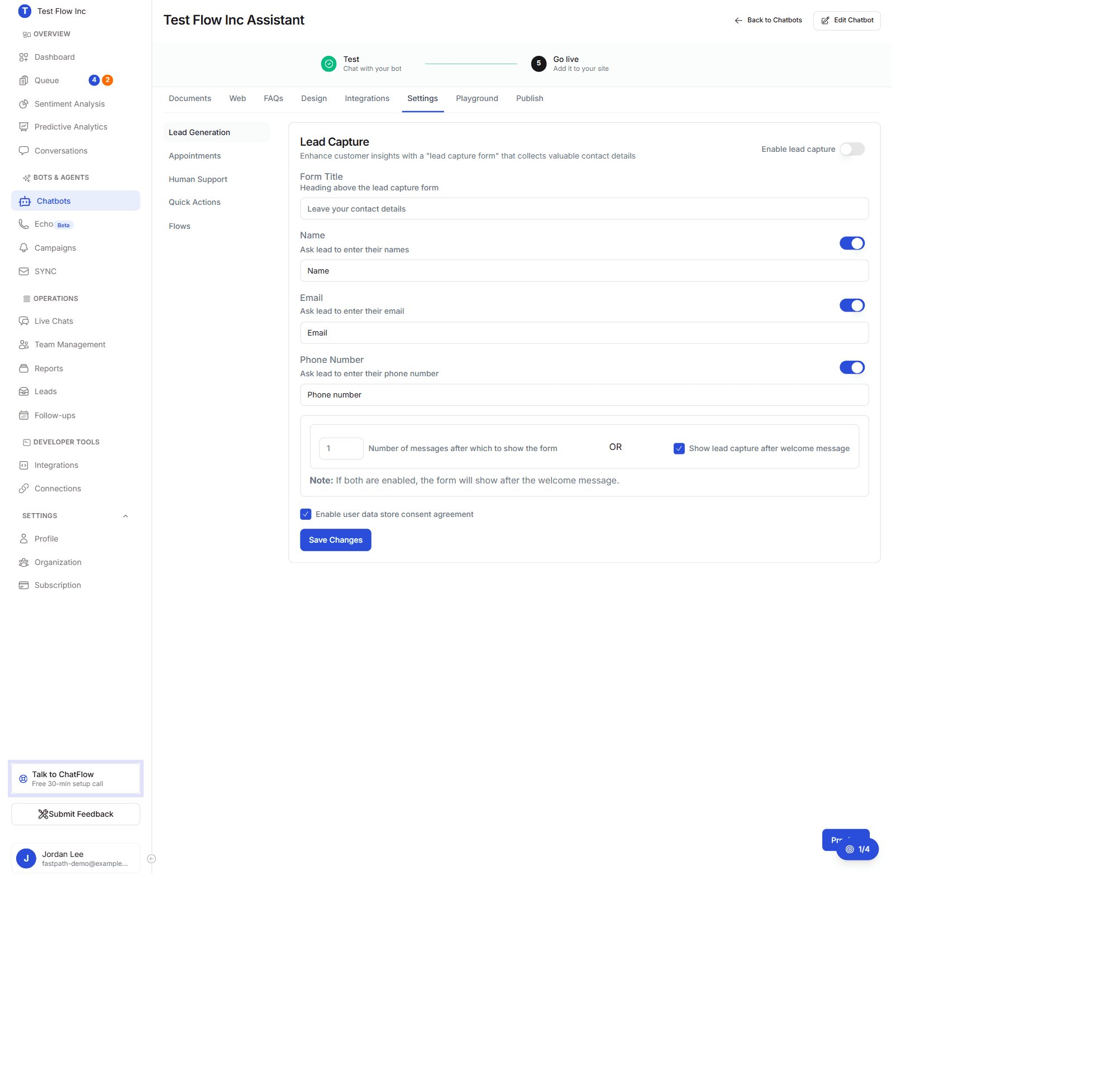 The chatbot Settings tab showing the Lead Generation, Appointments, Human Support, Quick Actions, and Flows sub-panels