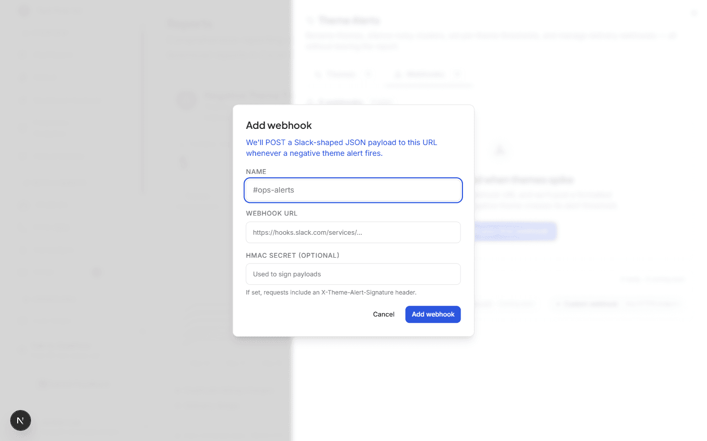 The Theme Alerts panel on the Webhooks tab with the Add webhook form showing name, URL, and signing secret fields
