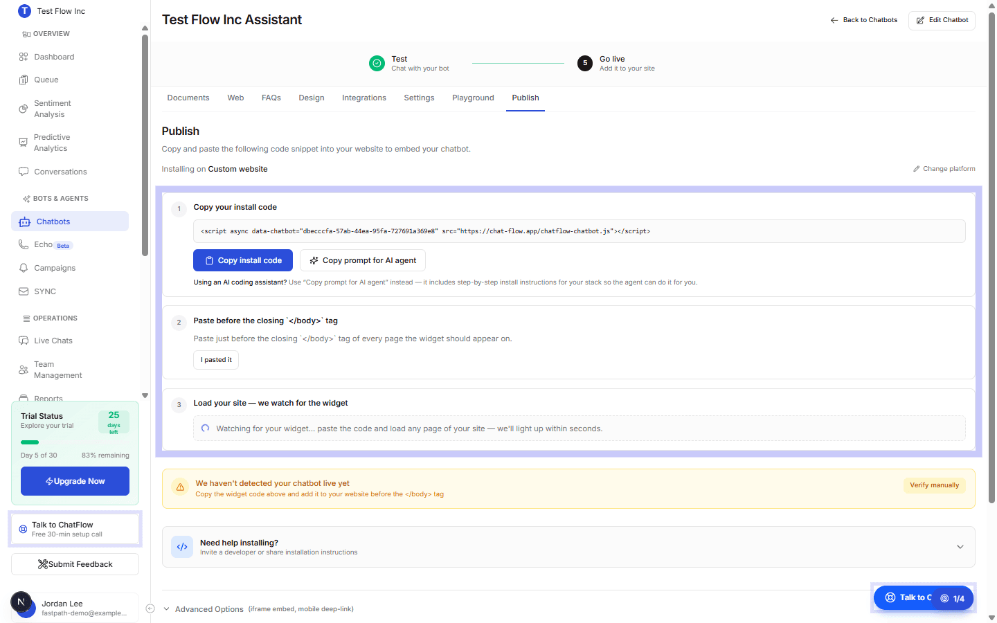 The Publish tab showing the install snippet with a Copy install code button, the paste-before-body step, and live widget detection