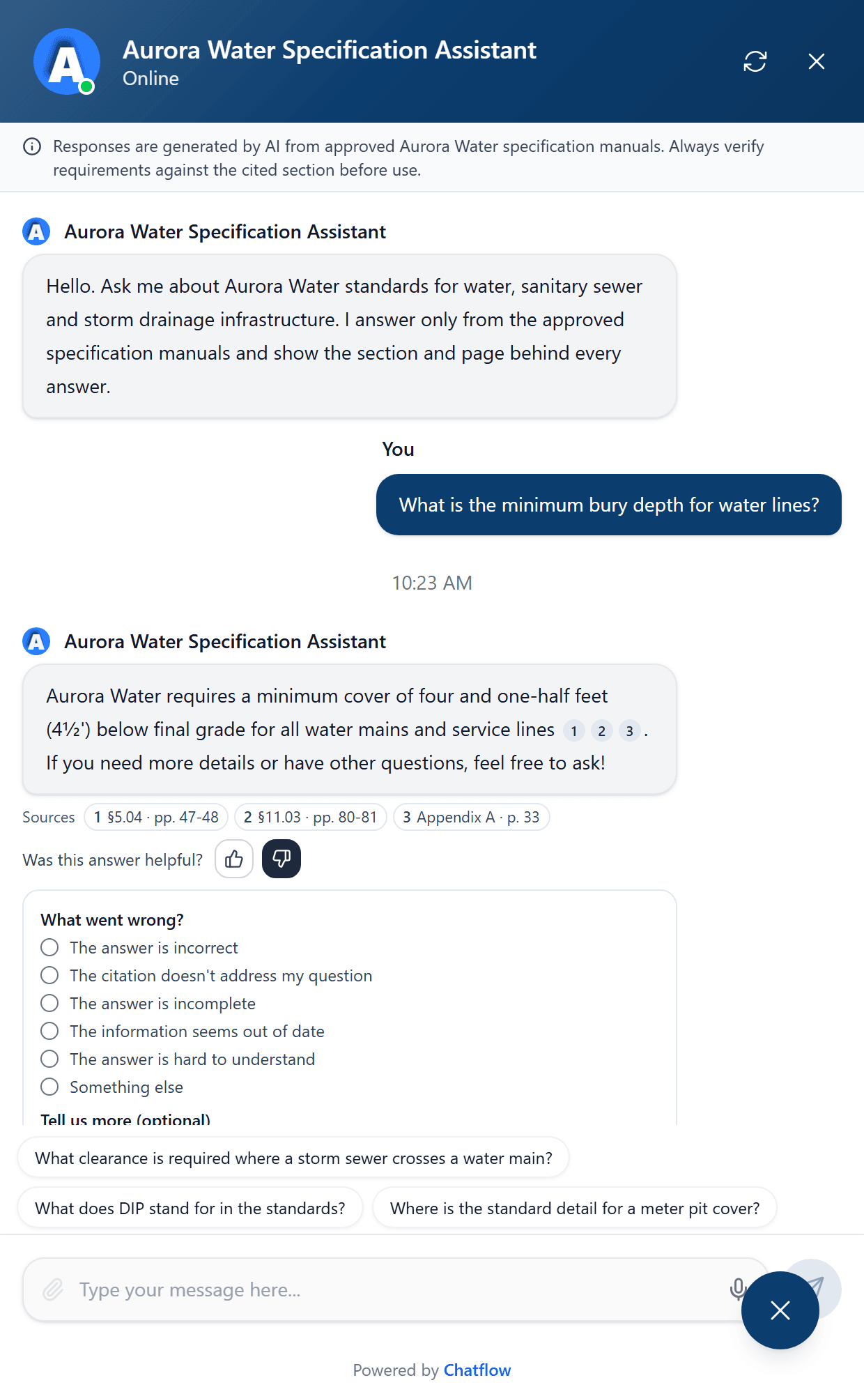 A chat answer with Was this answer helpful and thumbs up and down, with the reason form open listing the choices a visitor can pick