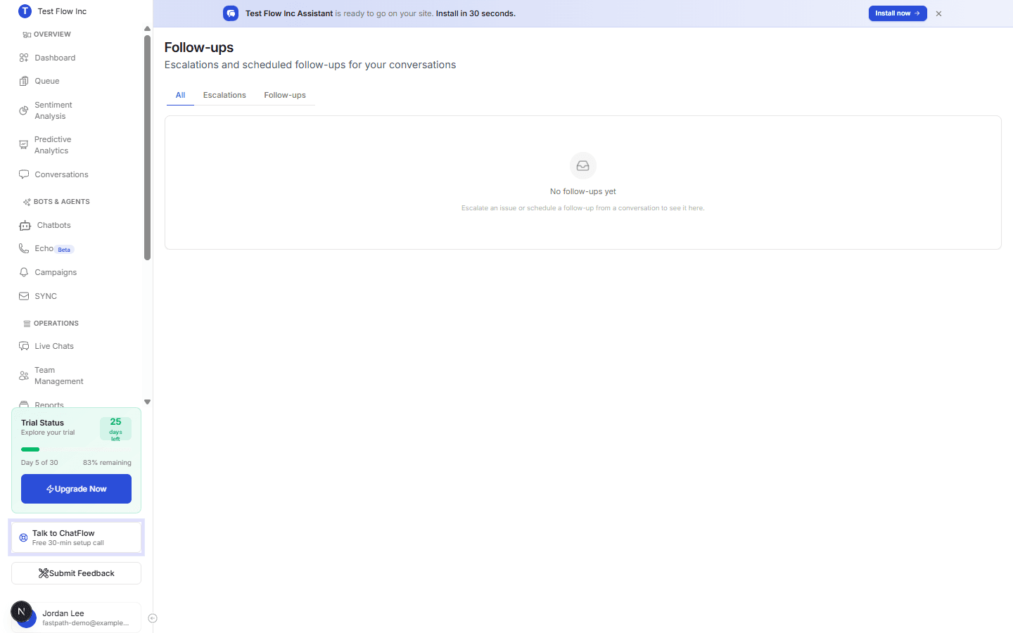 The Follow-ups page with All, Escalations, and Follow-ups tabs