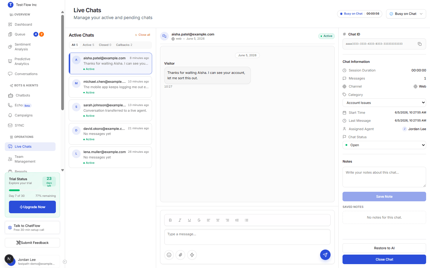 The Live Chats header with the agent status button at the top right showing the current status