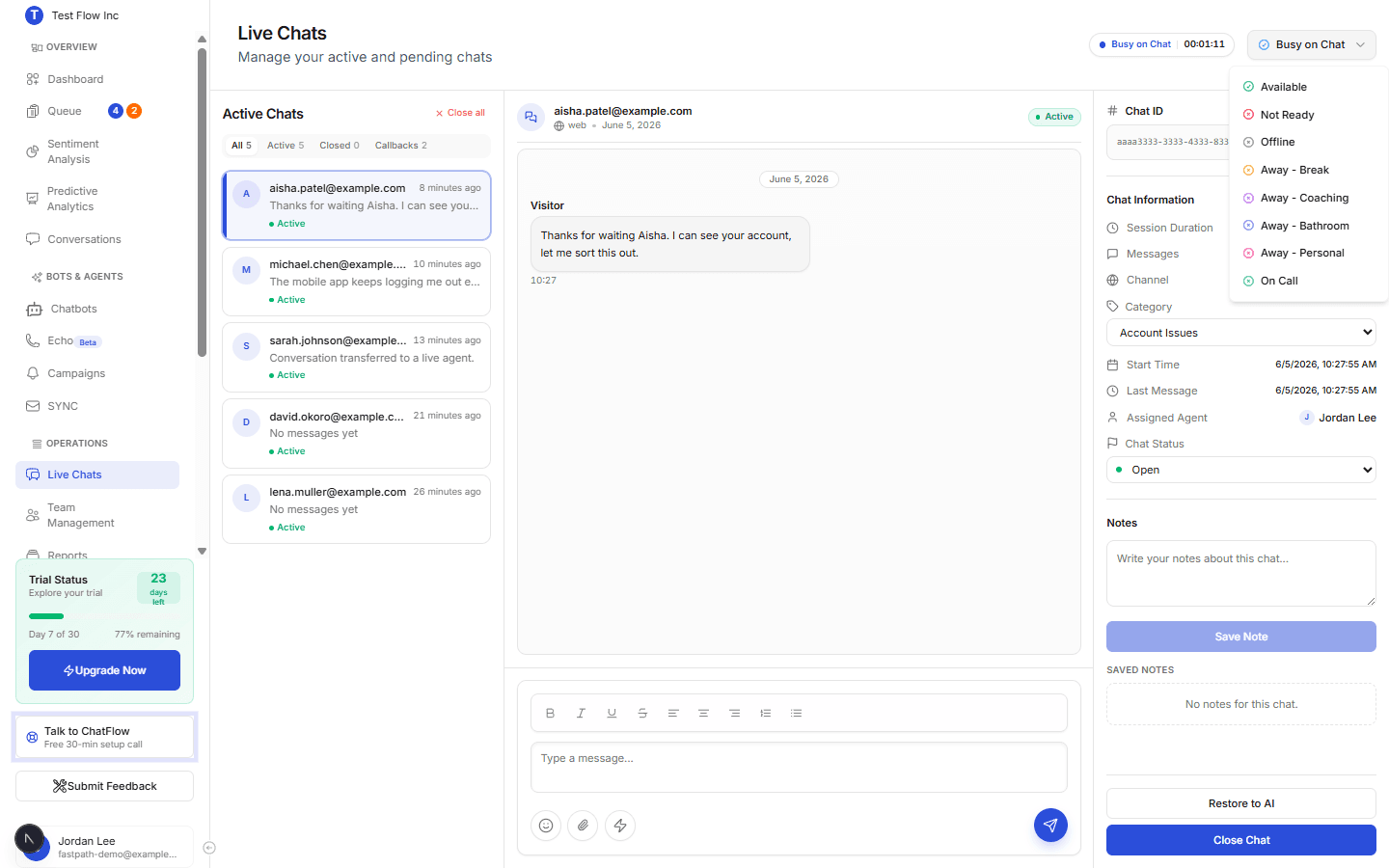 The agent status menu open, listing Available, Not Ready, Offline, and the Away statuses