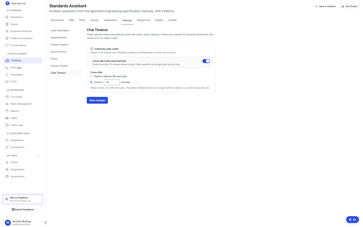 The Chat Timeout settings showing the Close idle chats automatically switch, with Platform default and Custom minutes options