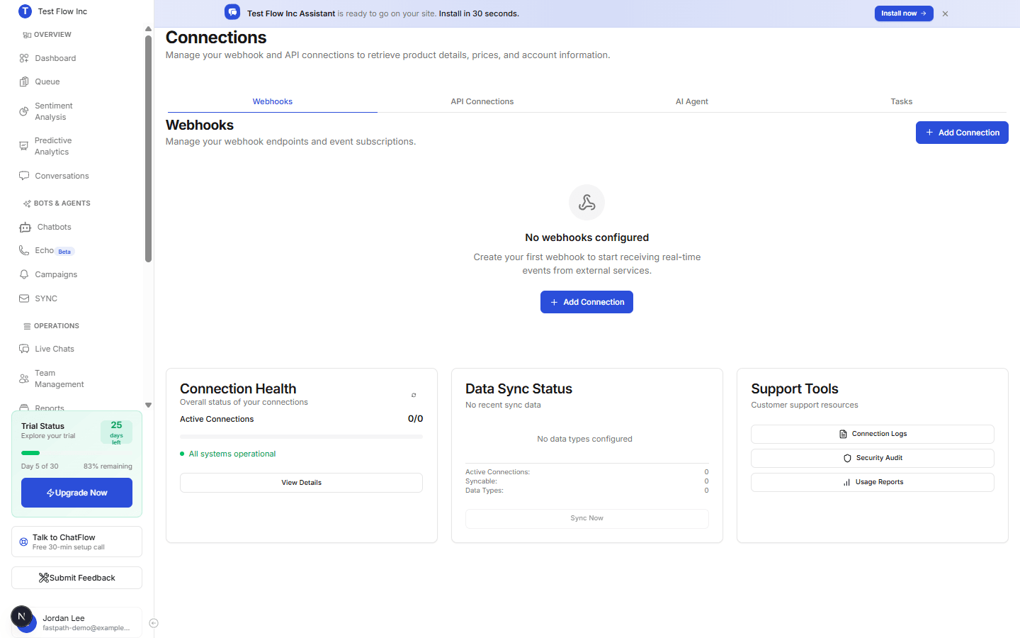 The Connections page with Webhooks, API Connections, AI Agent, and Tasks tabs, plus Connection Health, Data Sync Status, and Support Tools cards