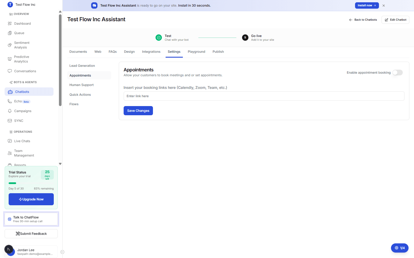 The Appointments settings showing the Enable appointment booking toggle and a field to insert your booking link