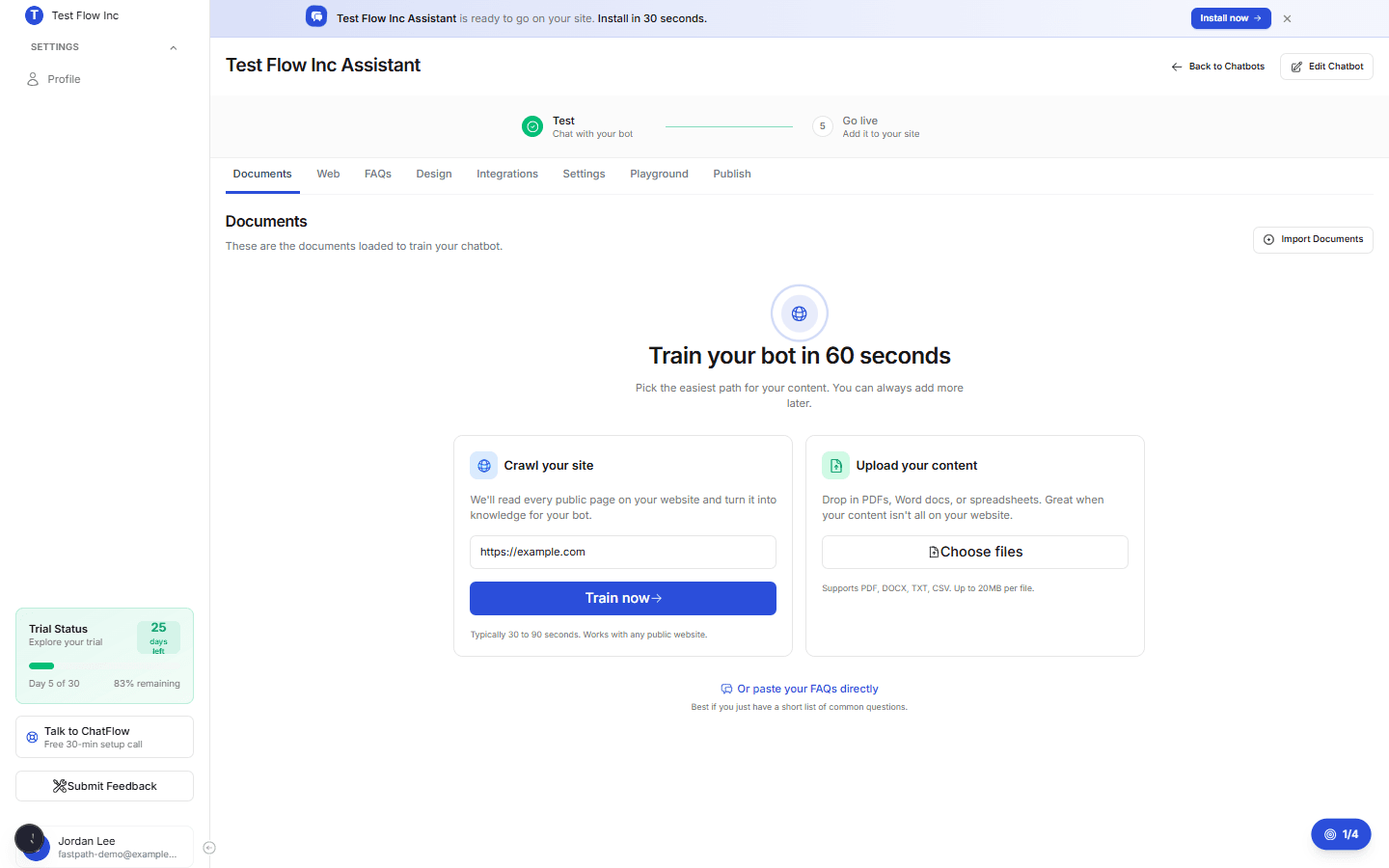The chatbot workspace showing the Documents, Web, FAQs, Design, Integrations, Settings, Playground, and Publish tabs