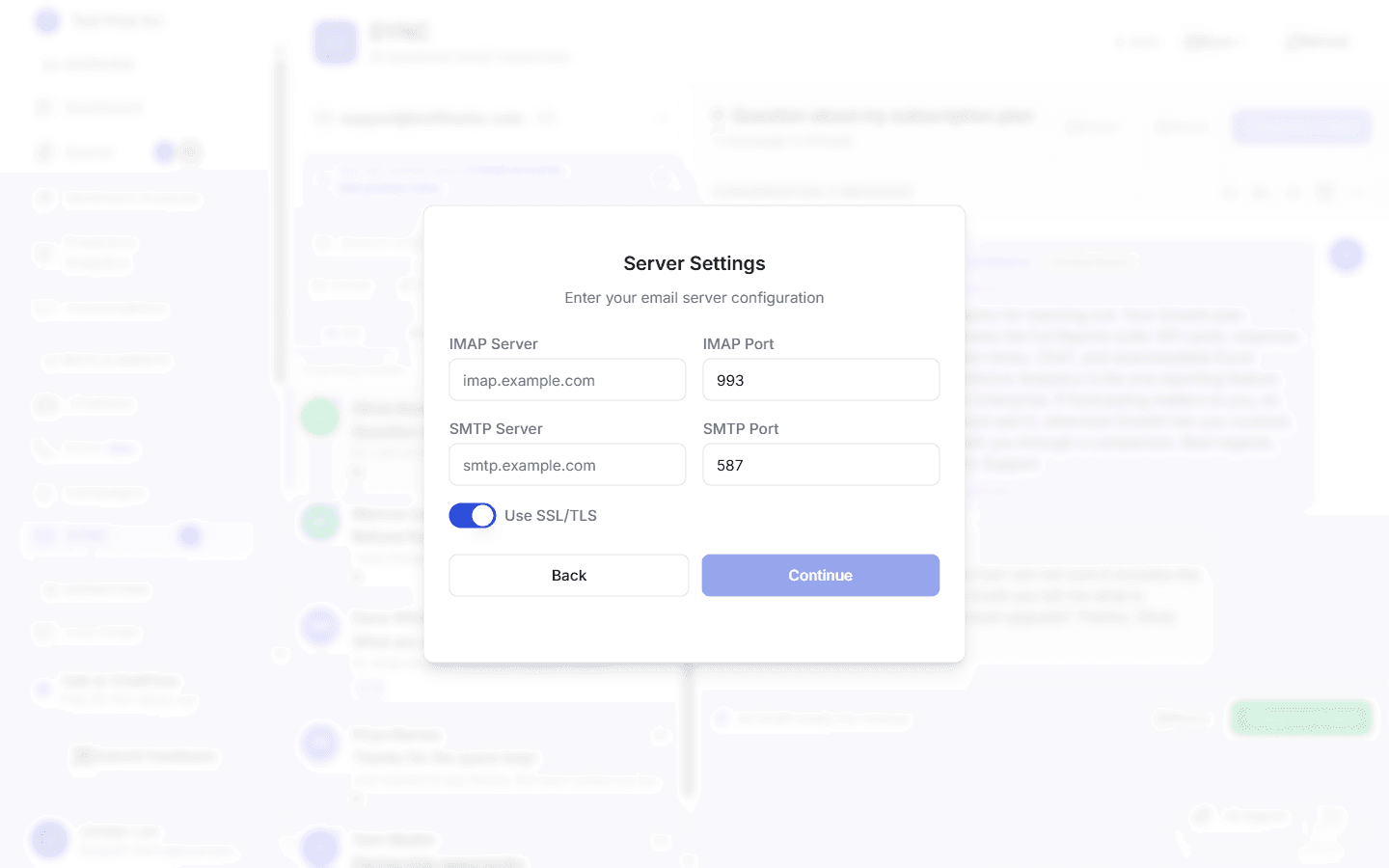 The connect wizard's Server Settings step with IMAP server and port, SMTP server and port, and a Use SSL/TLS toggle