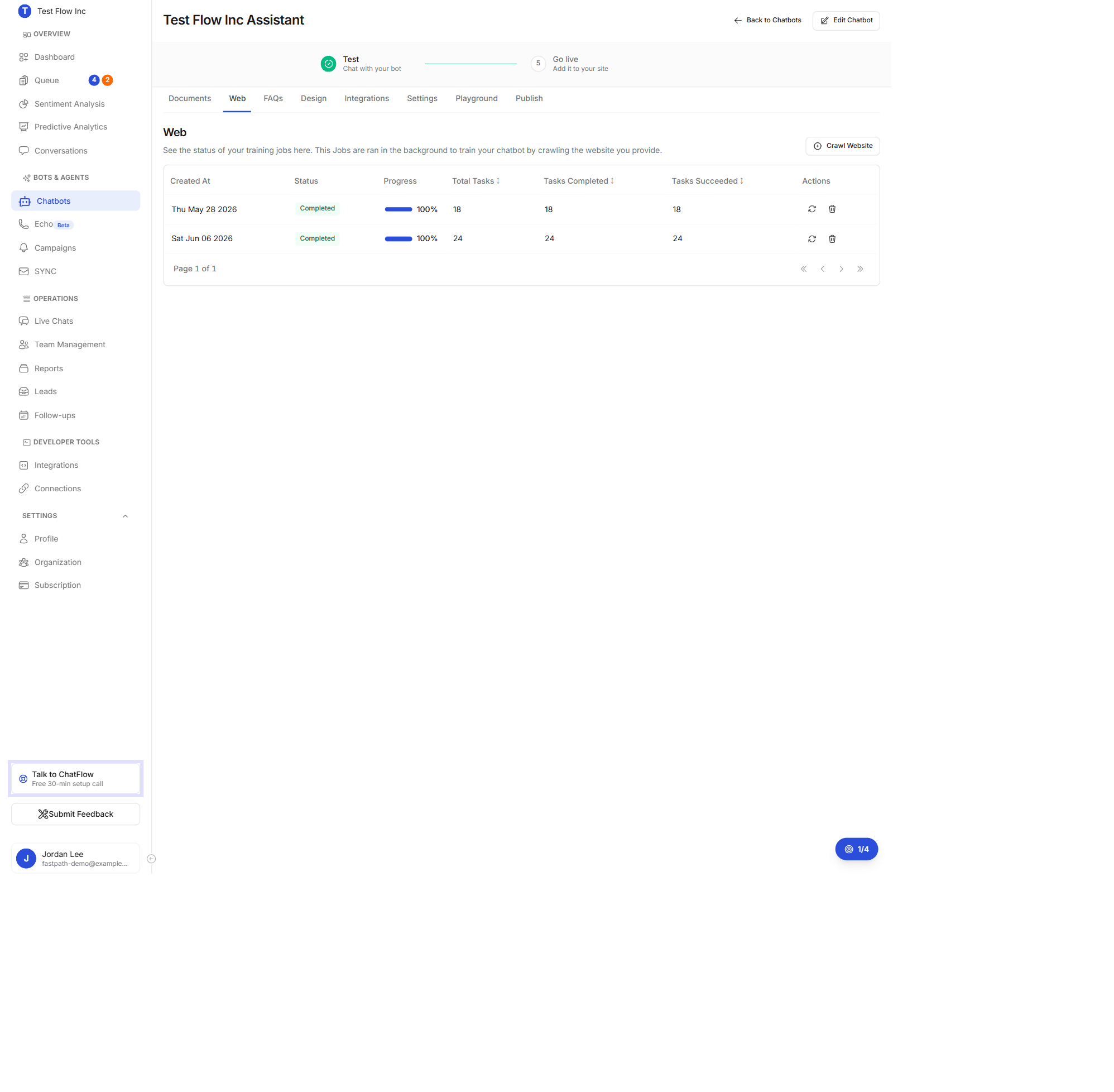 The Web tab showing a Crawl Website button and a table of completed crawl jobs with status, progress, and task counts