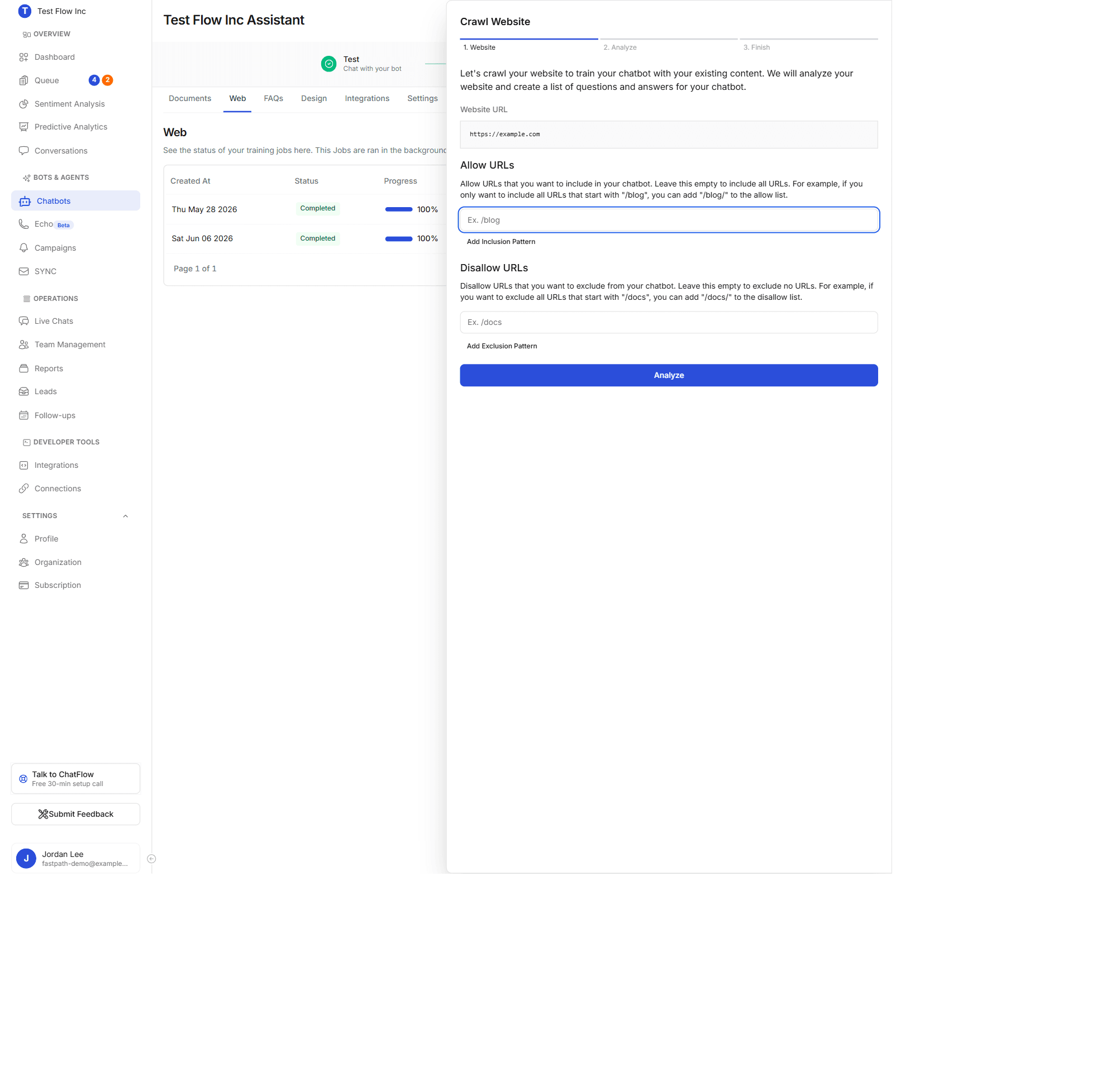 The Crawl Website panel showing the website URL and the Allow URLs and Disallow URLs pattern lists
