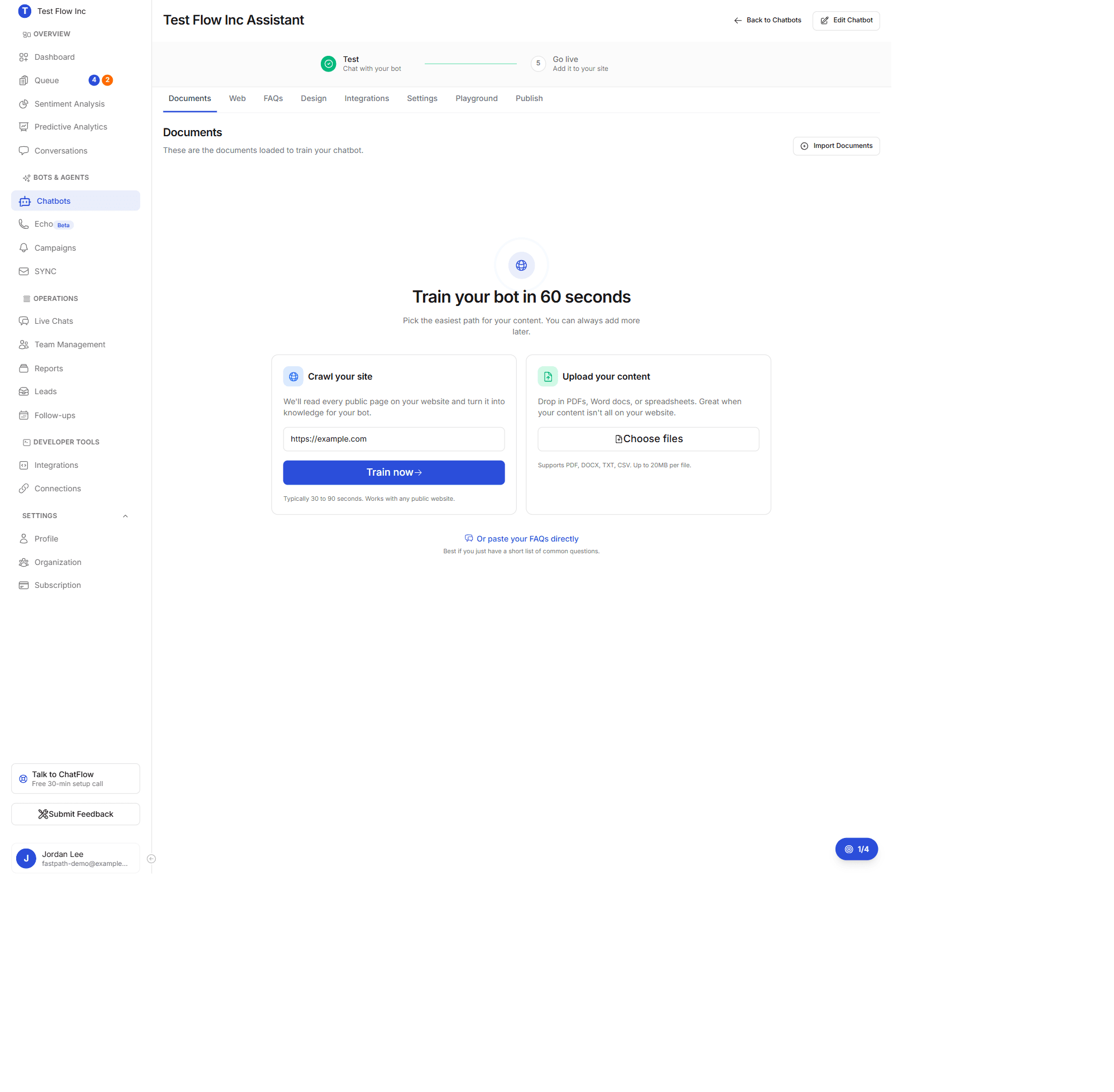 The Documents tab quick-start screen with Crawl your site and Upload your content options