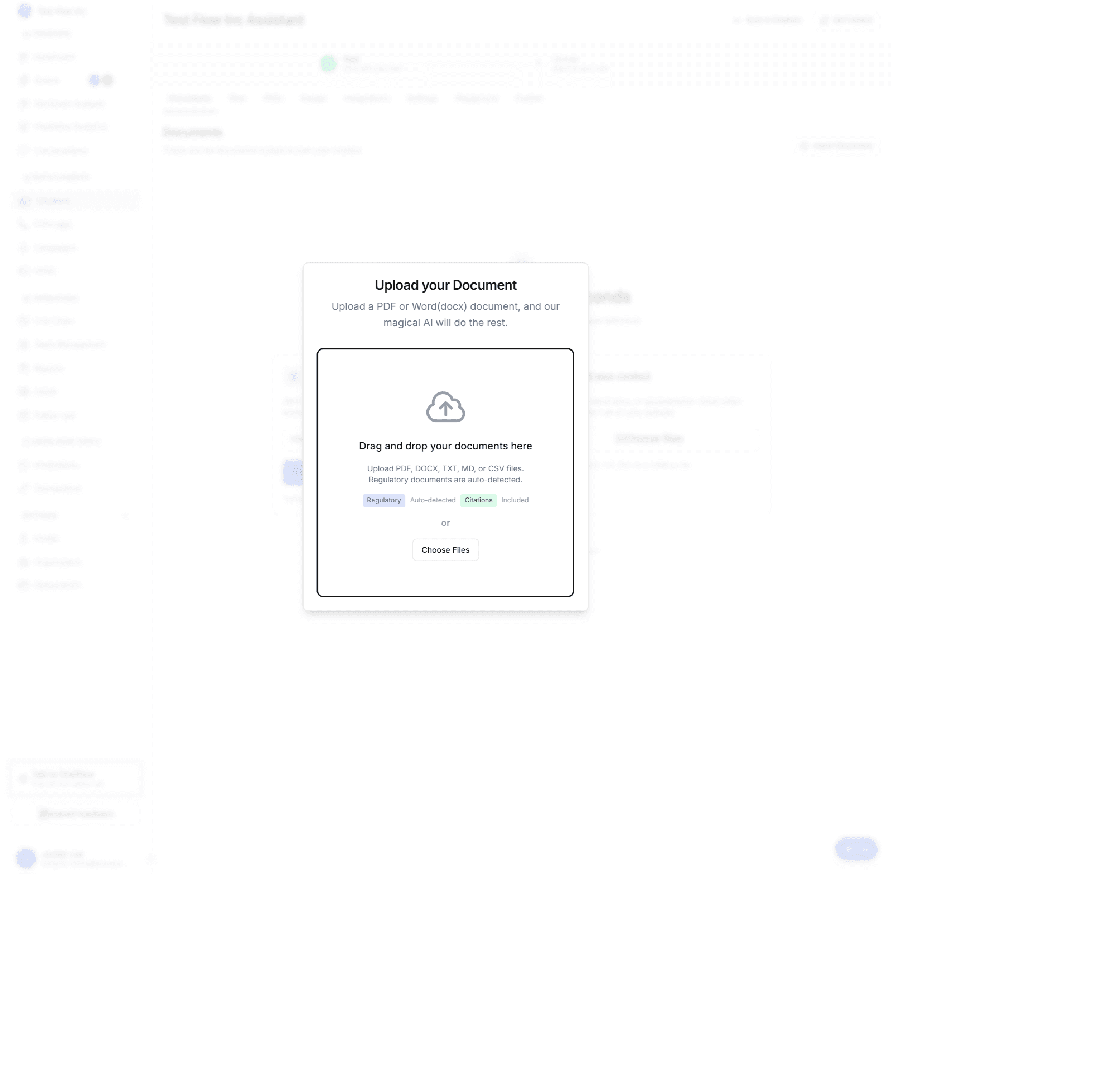 The upload dialog with a drag-and-drop area noting that regulatory documents are auto-detected