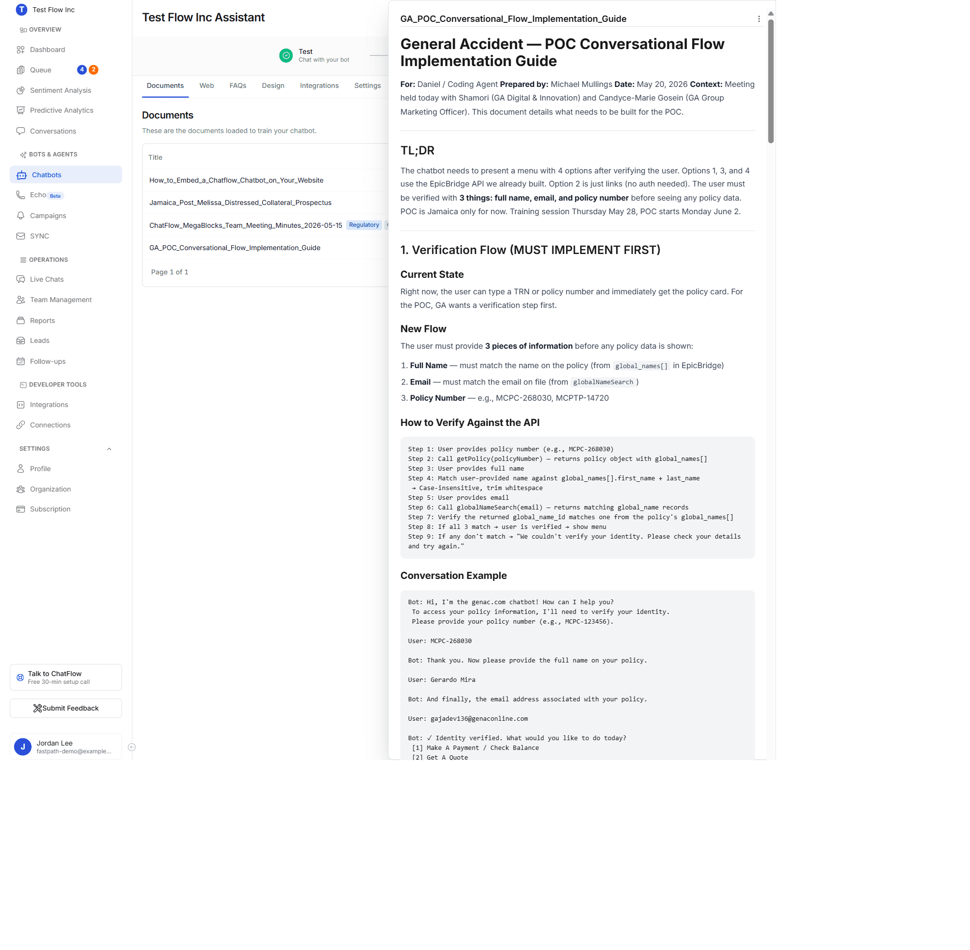 The document preview side panel showing the extracted markdown text of an uploaded file