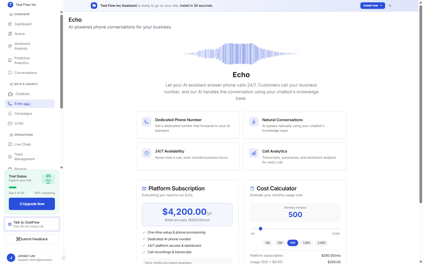 The Echo activation screen describing AI phone conversations, with platform subscription and a cost calculator