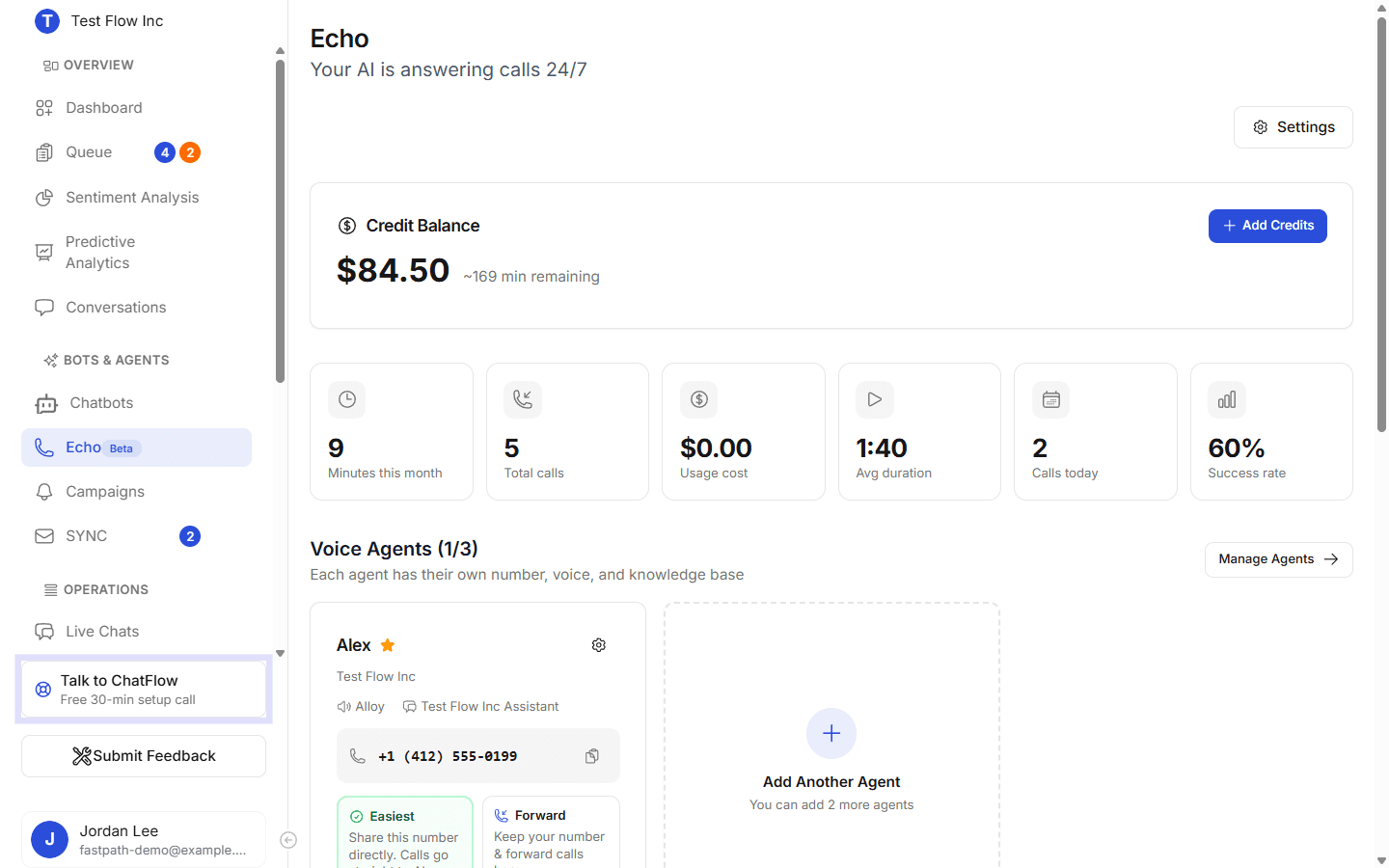 The Echo dashboard showing a credit balance, call stats, and a voice agent card named Alex with its phone number and share-or-forward options