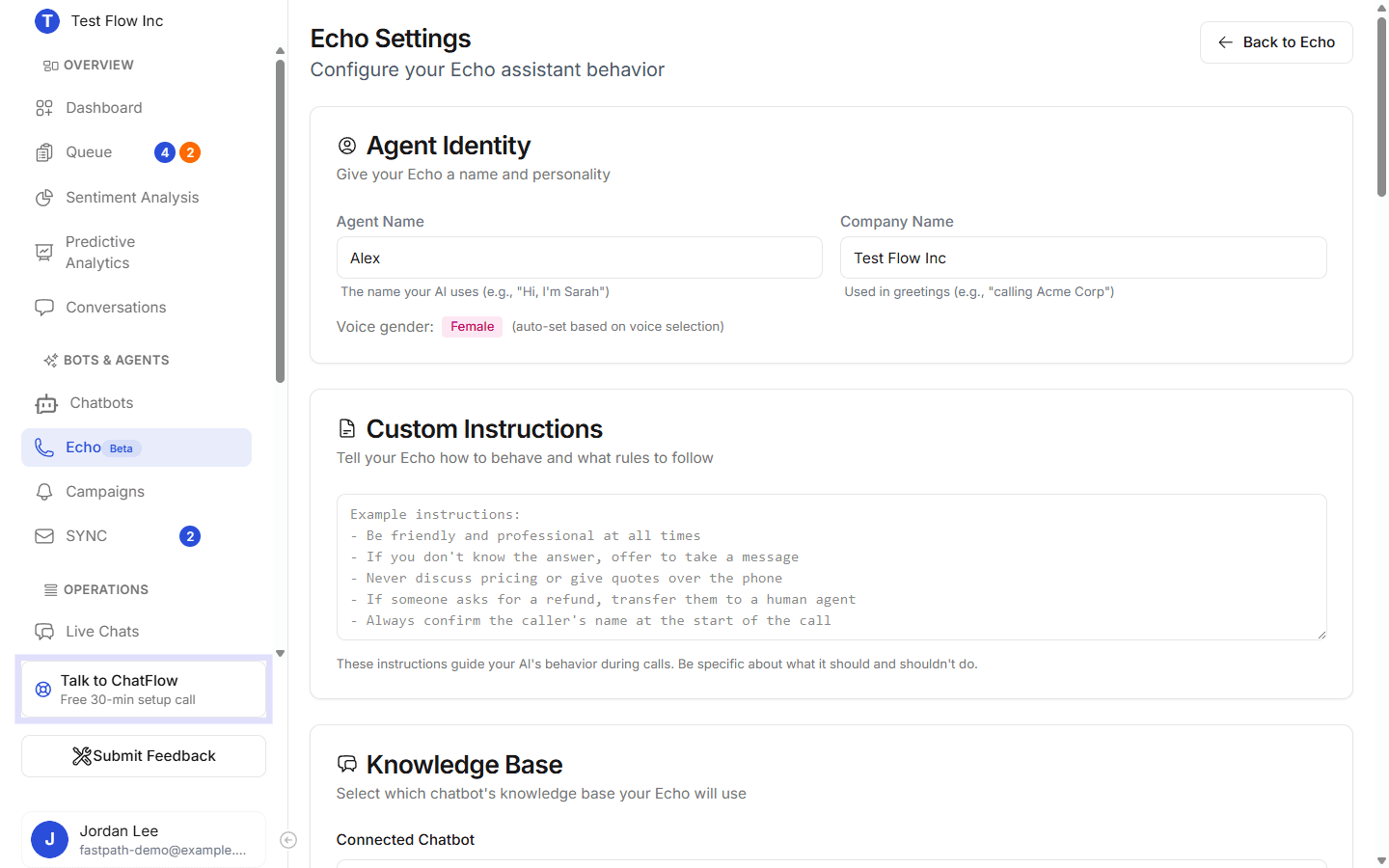 Echo Settings showing Agent Identity (name, company, voice gender), Custom Instructions, and the Knowledge Base chatbot selector