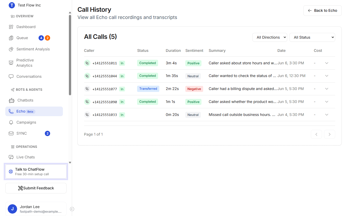 The Echo Call History table listing calls with caller, status, duration, sentiment, AI summary, and date