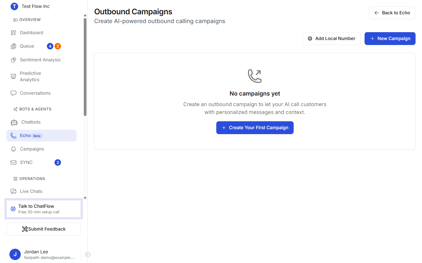 The Echo Outbound Campaigns page with an empty state and a Create Your First Campaign button