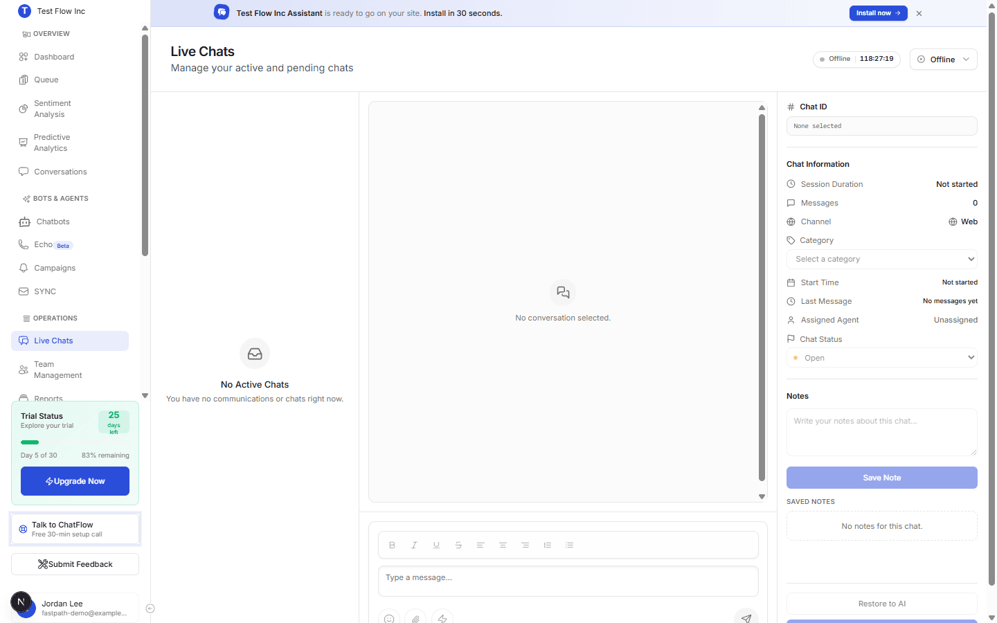 The Live Chats screen with the chat list, conversation area, message composer, and a Chat Information panel