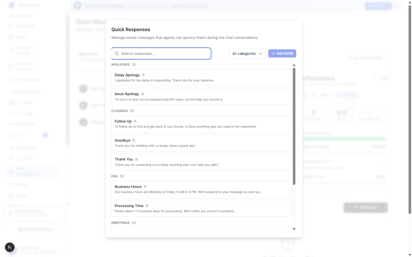 The Quick Responses manager listing saved replies grouped by category, with search, a category filter, and an Add button showing the 10 of 10 limit